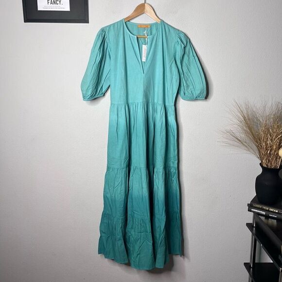 NEW Oliphant Dress Ombré Blue Green Puff Sleeve Maxi Dress Size S‎ - Picture 2 of 9